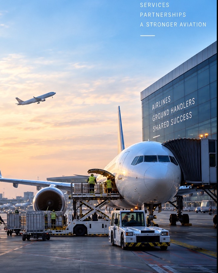 Aircraft on stand at sunrise with ground handling underway